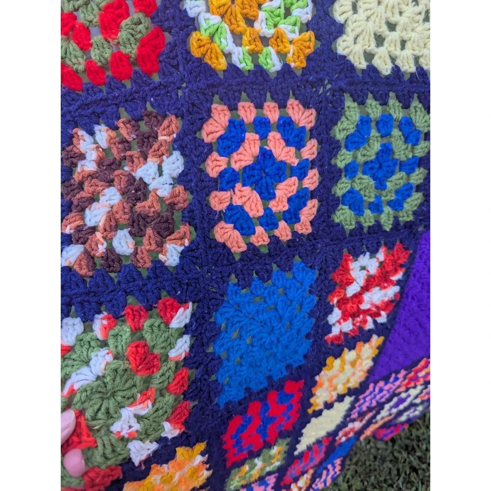 Vintage Handmade Granny Square Crochet Throw Blanket Afghan 